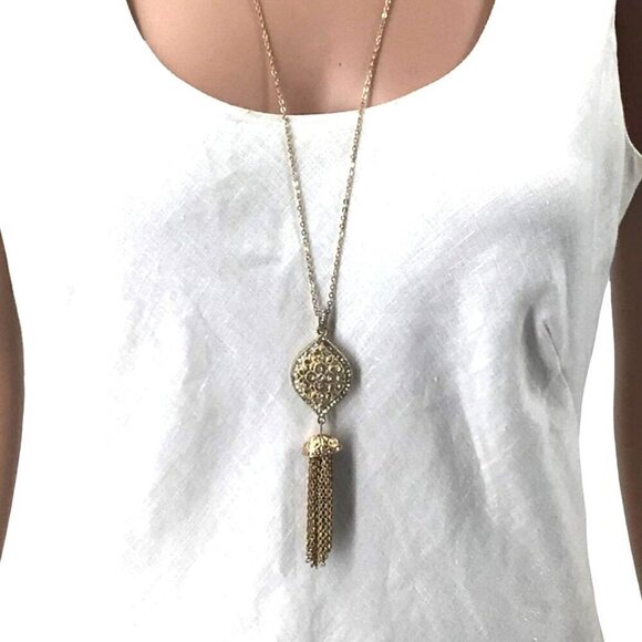 Tassel Necklace Gold Tone Rhinestone Inlay Adjustable Length Chain - Picture 2 of 2